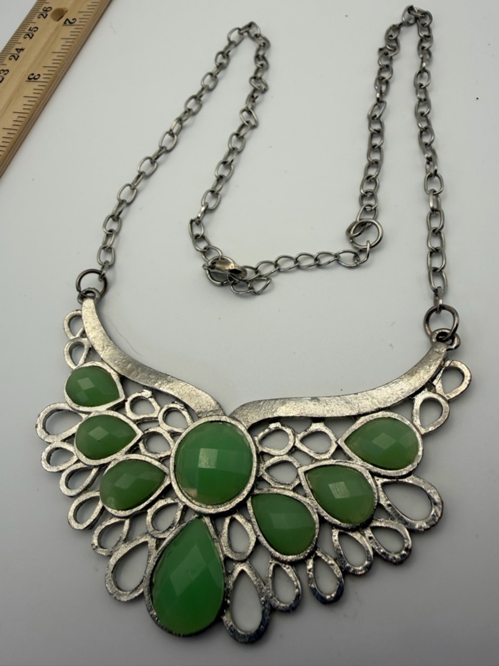 Mint Green Statement Necklace Bib Openwork Silver Tone - Picture 3 of 6